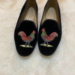 Stubbs and Wootton (8.5) BLACK Velvet Smoking Shoes w/ROOSTER embroidery
